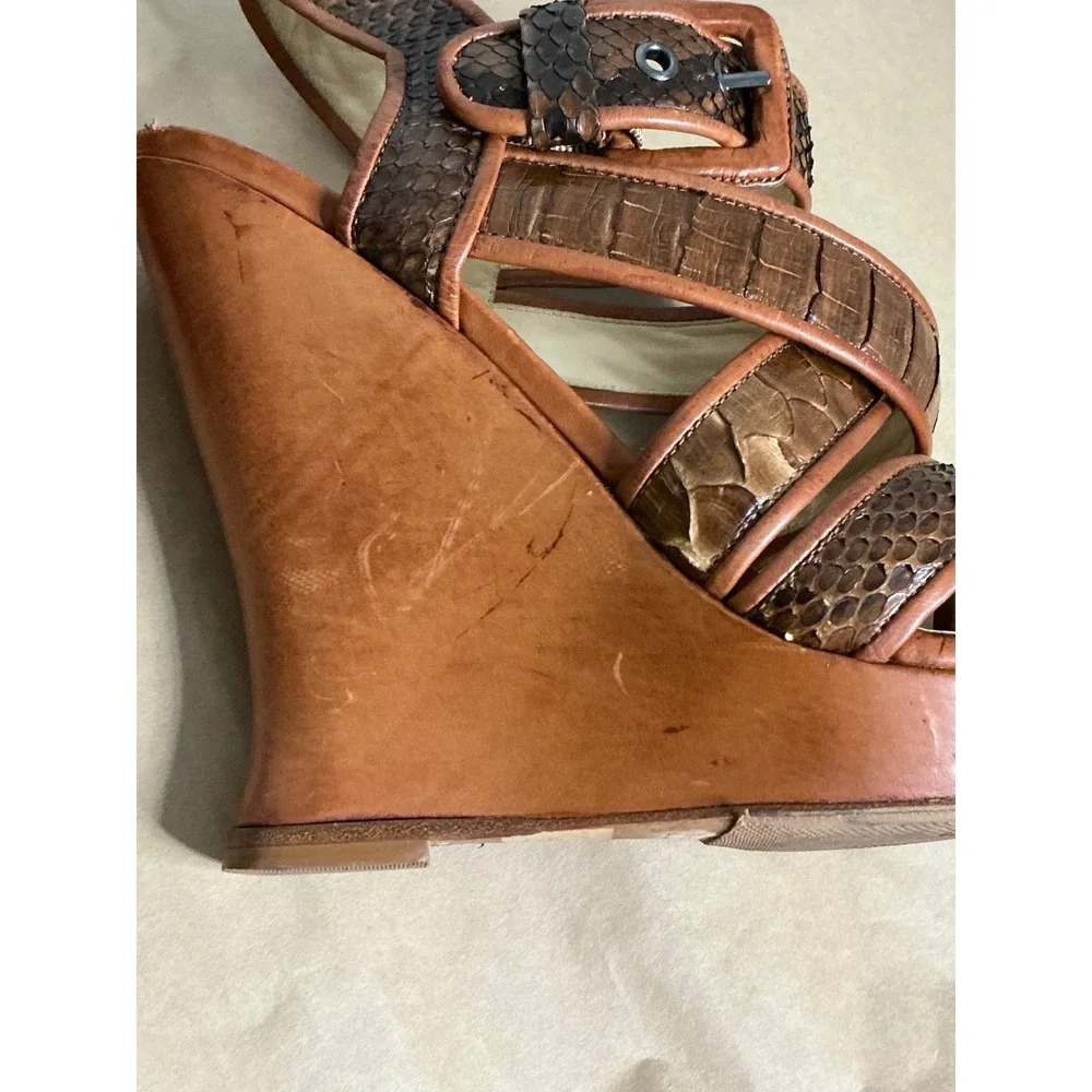 Alexandre‎ Birman Snakeskin Strappy Wedge Sandals Brown Leather Heels